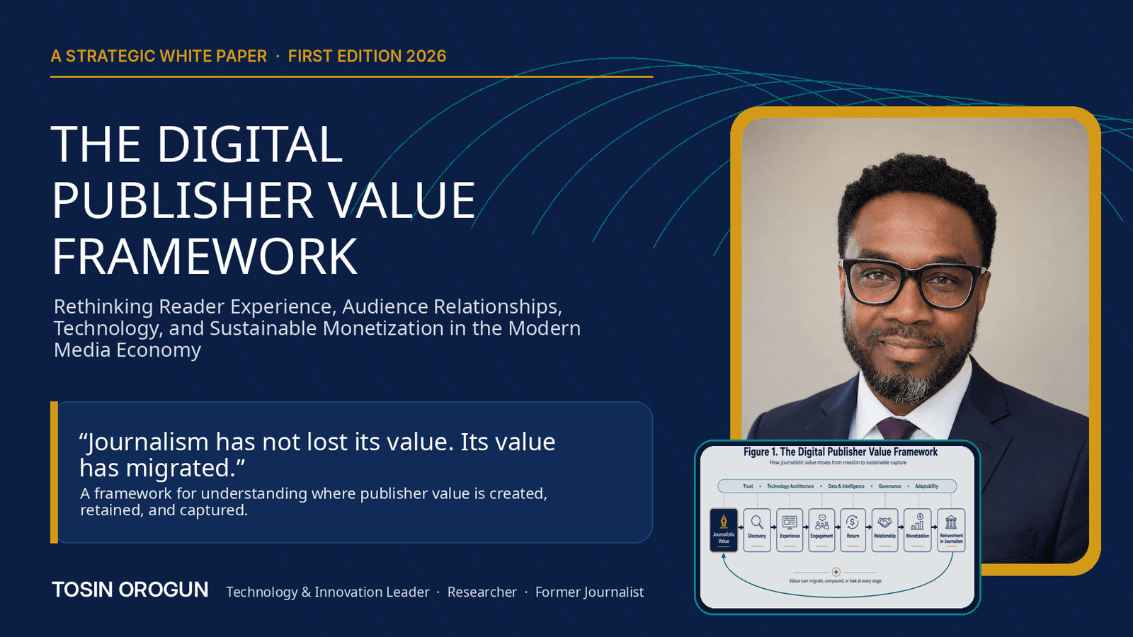 The Digital Publisher Value Framework by Tosin Orogun, strategic white paper launch graphic featuring the author portrait and framework illustration.