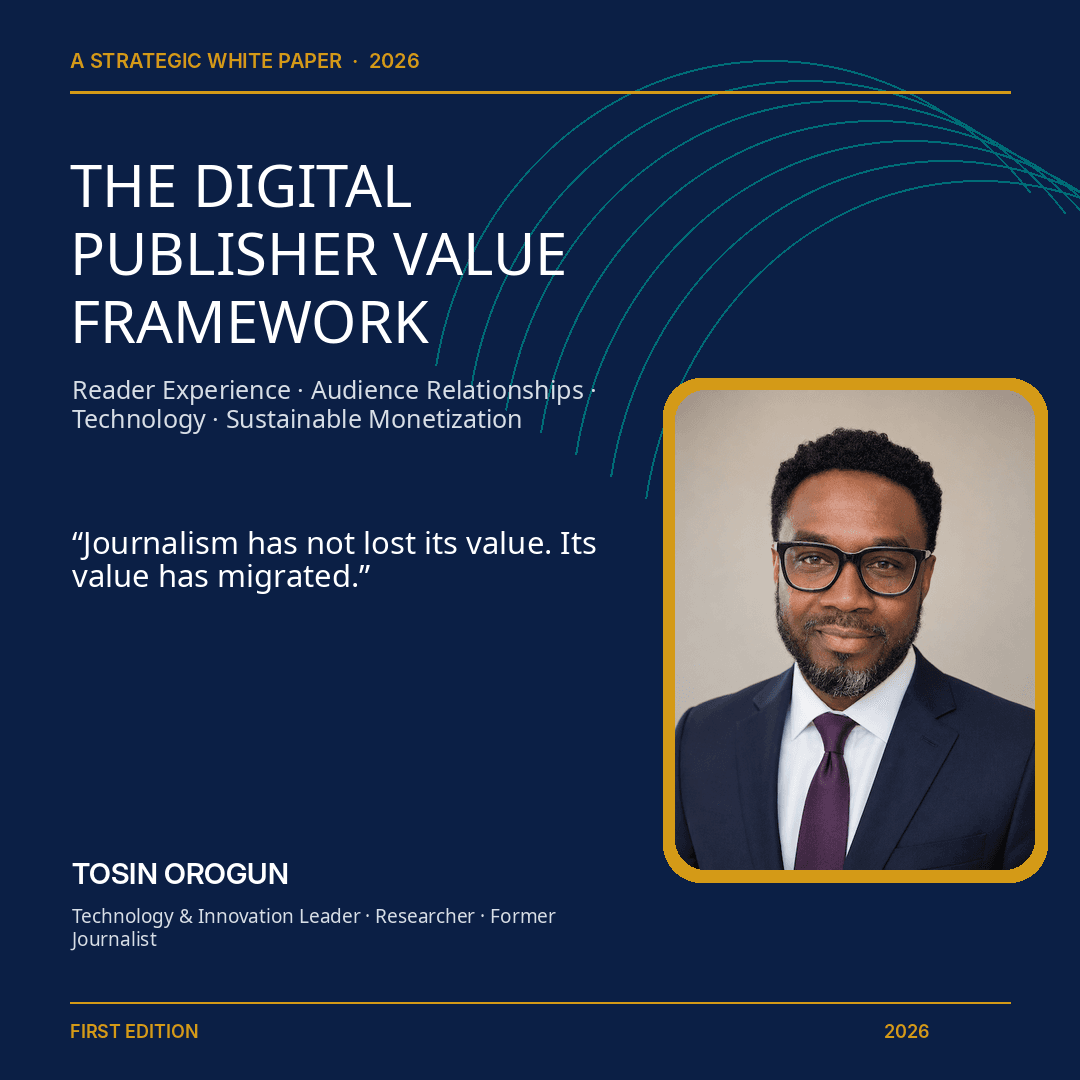 The Digital Publisher Value Framework by Tosin Orogun, square publication graphic featuring the author portrait and white paper title.